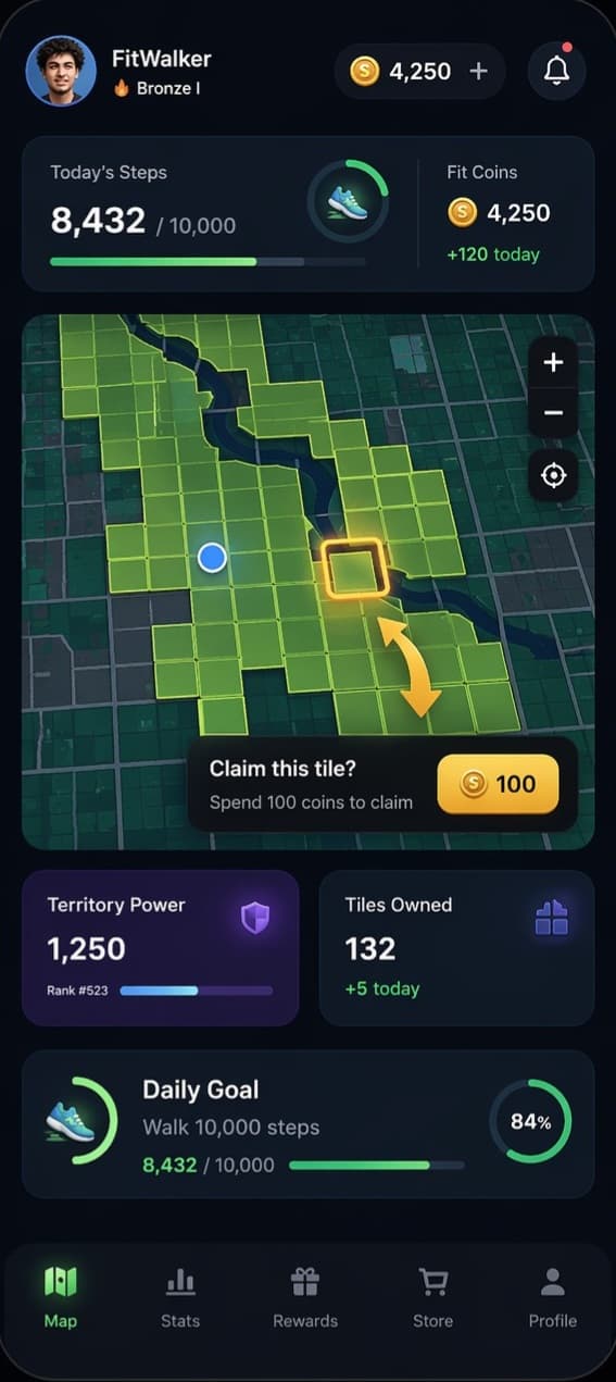 Fit Territory fitness app screenshot – GPS territory map showing walked routes and claimed zones in a real neighbourhood