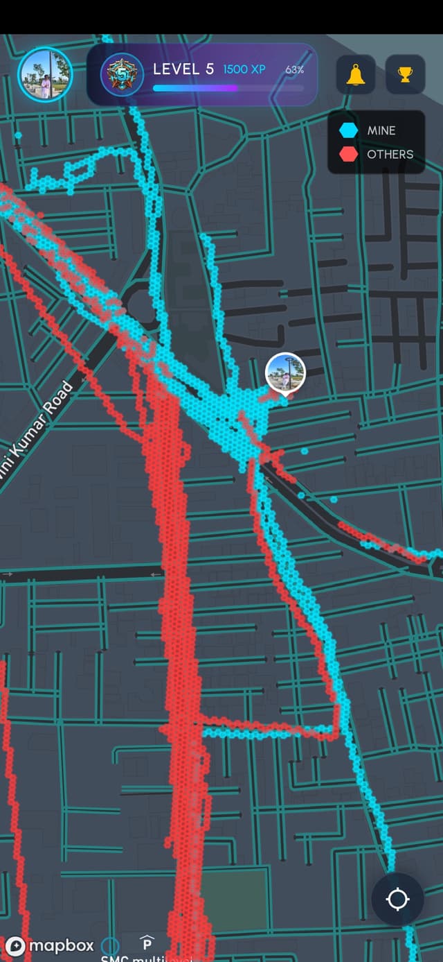 Fit Territory fitness app screenshot – GPS territory map showing walked routes and claimed zones in a real neighbourhood
